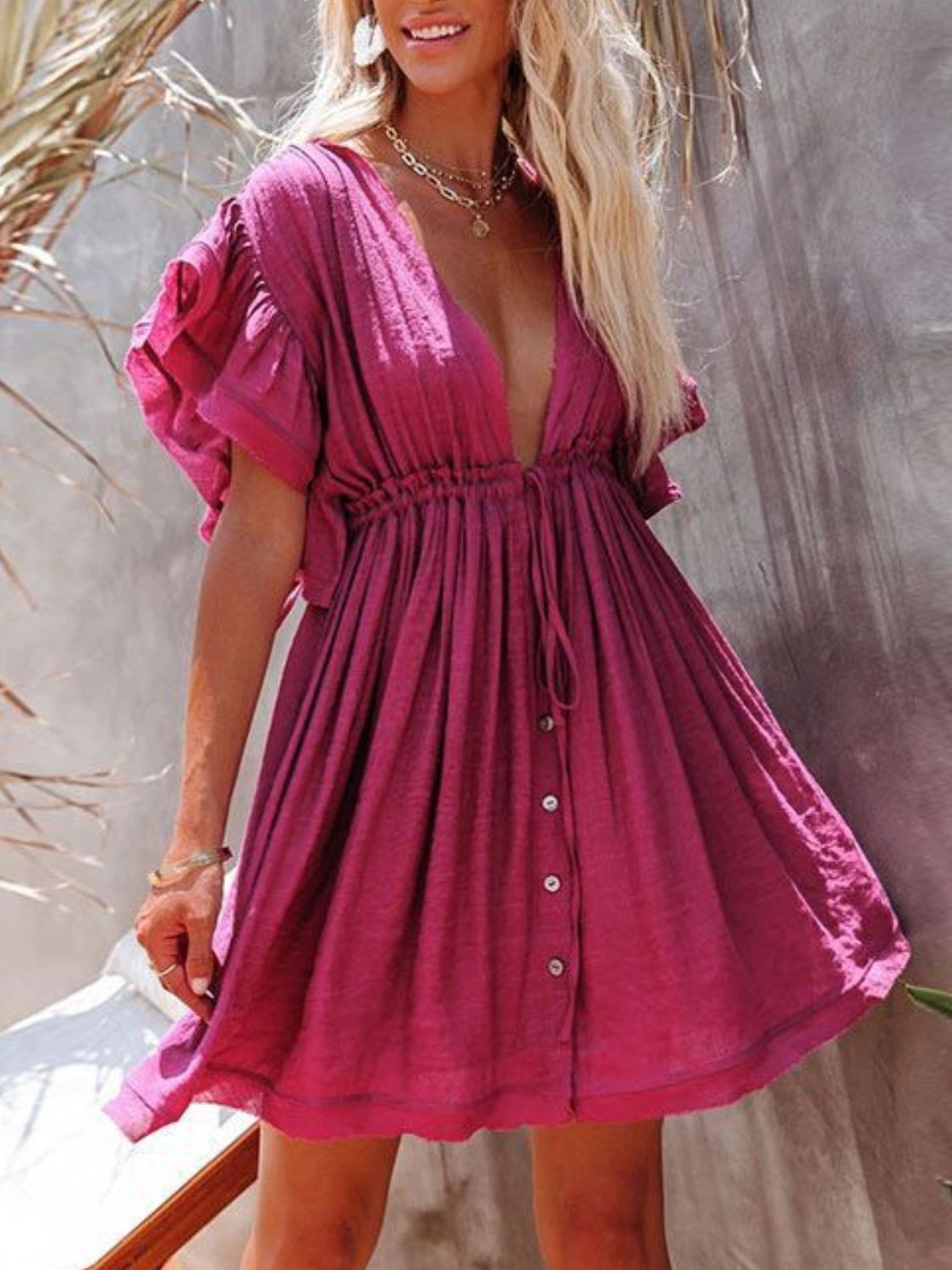 Drawstring Ruffled Half Sleeve Mini Dress.