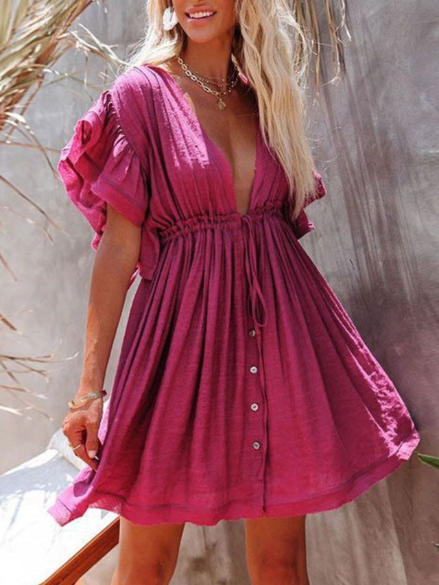 Drawstring Ruffled Half Sleeve Mini Dress.