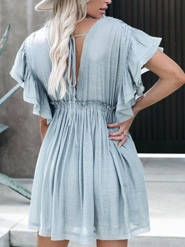 Drawstring Ruffled Half Sleeve Mini Dress.