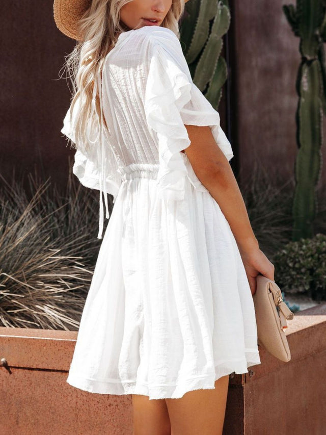 Drawstring Ruffled Half Sleeve Mini Dress.