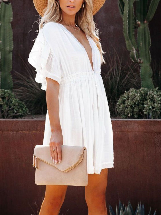 Drawstring Ruffled Half Sleeve Mini Dress.