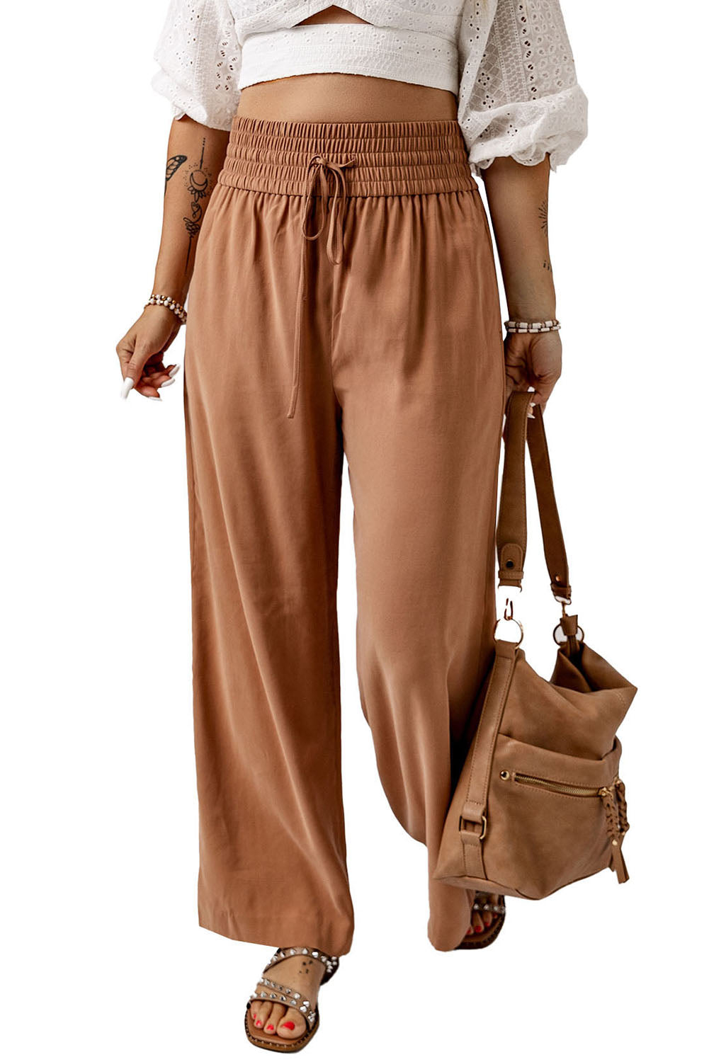 Drawstring smocked waist wide leg pants, solid chic and classy style.
