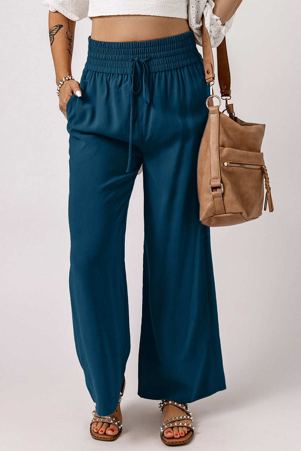 Drawstring smocked waist wide leg pants, solid chic and classy style.