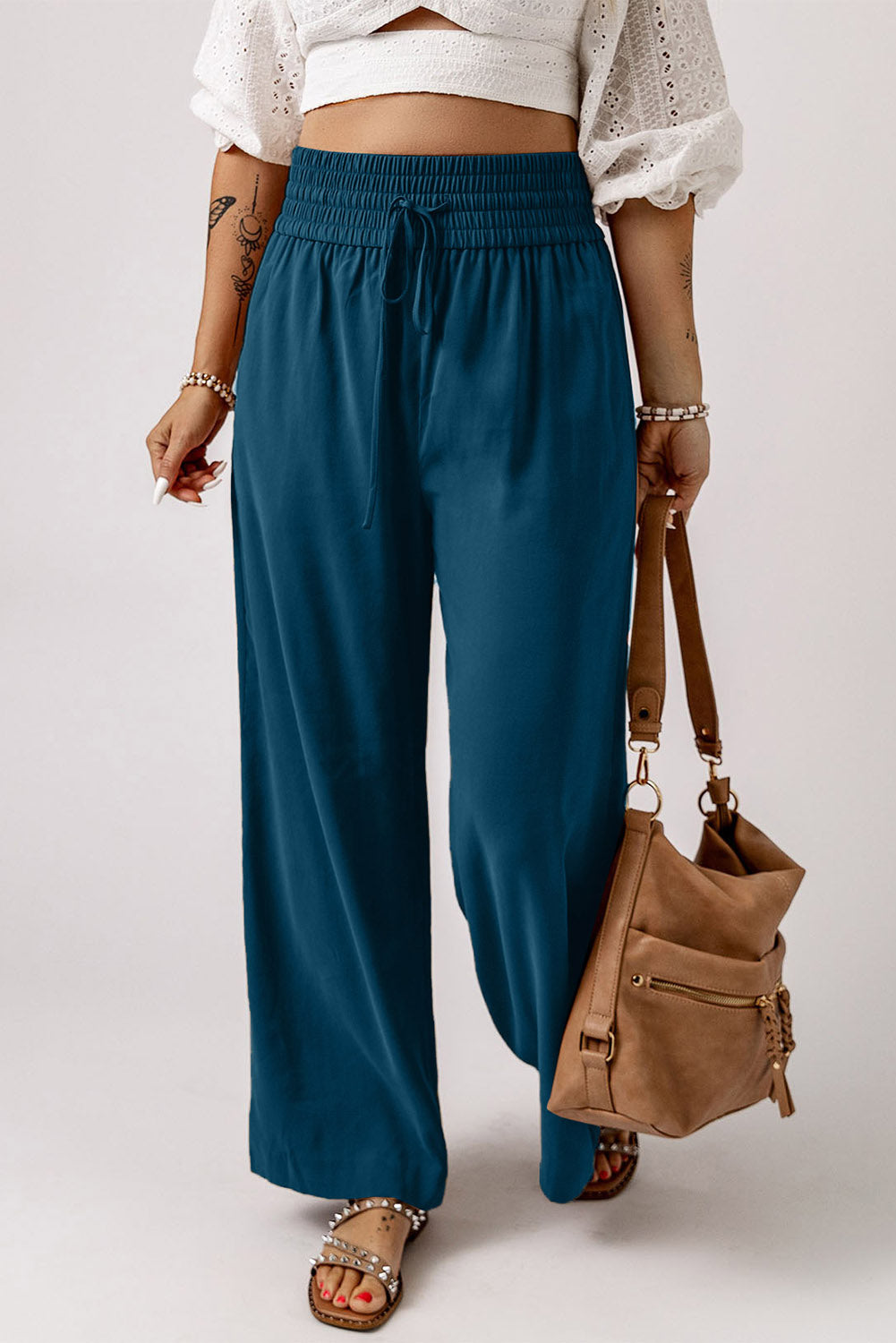 Drawstring smocked waist wide leg pants, solid chic and classy style.