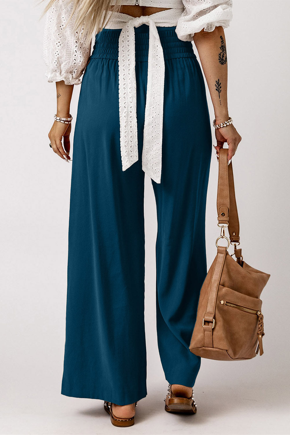 Drawstring smocked waist wide leg pants, solid chic and classy style.