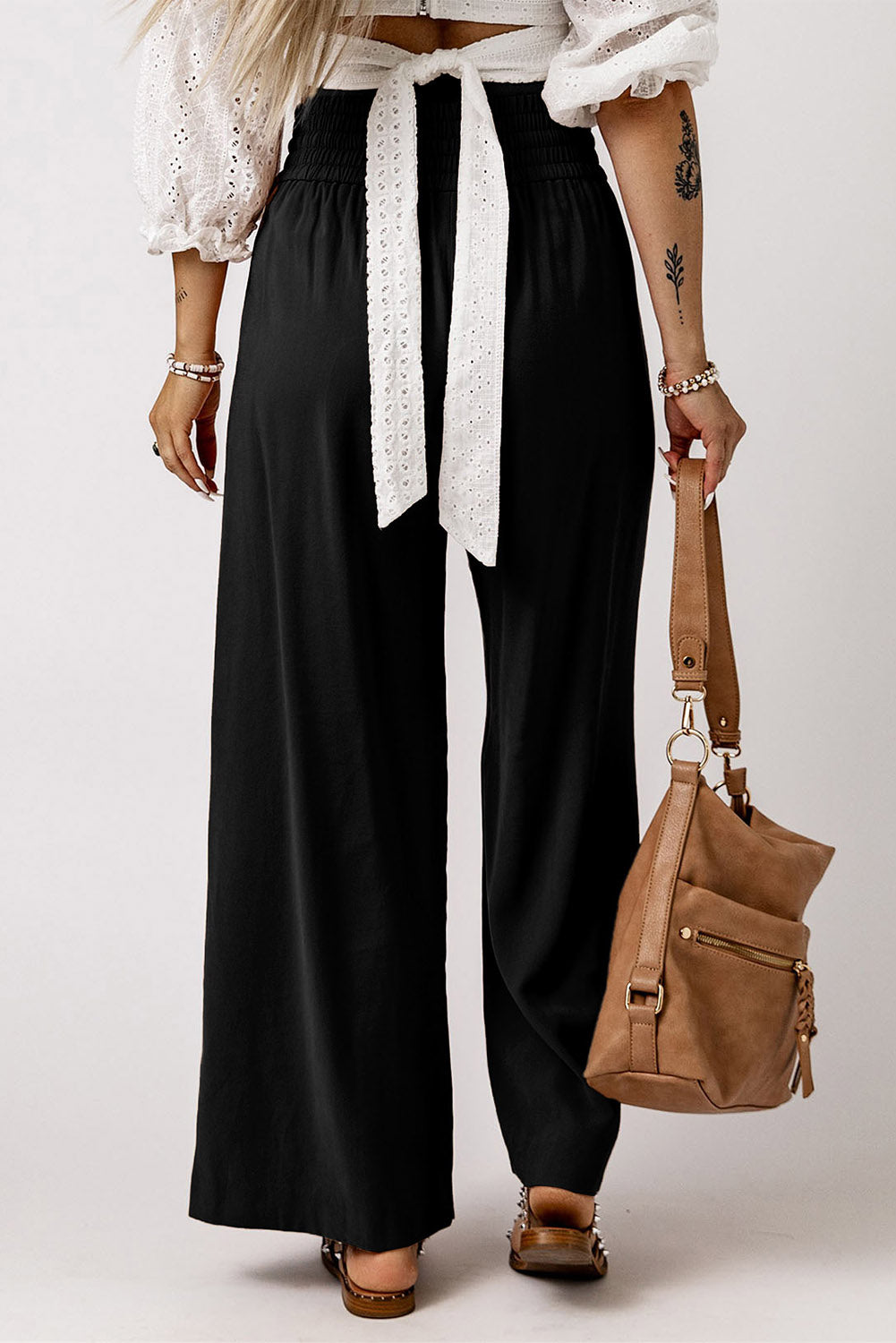 Drawstring smocked waist wide leg pants, solid chic and classy style.
