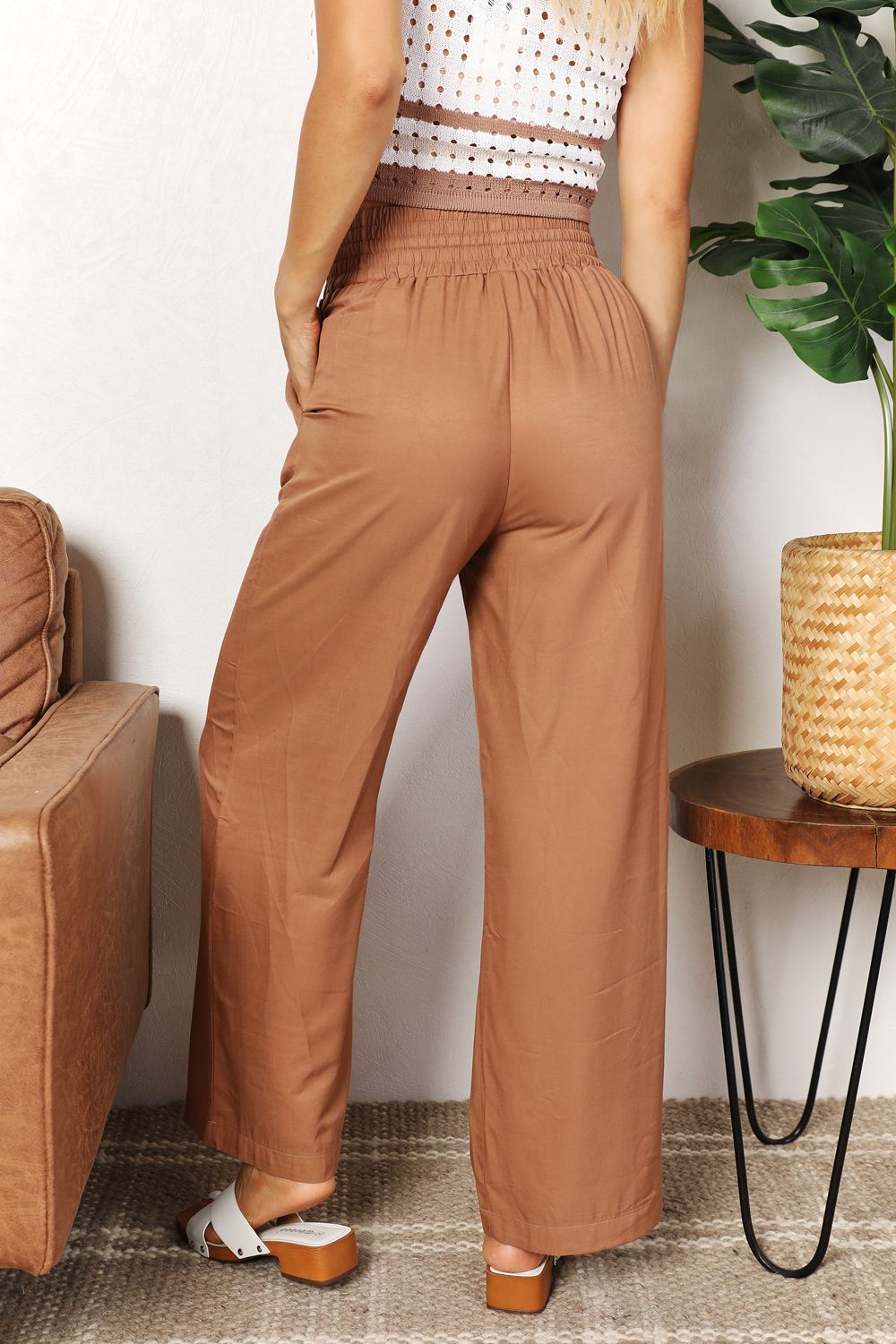 Drawstring smocked waist wide leg pants, solid chic style.