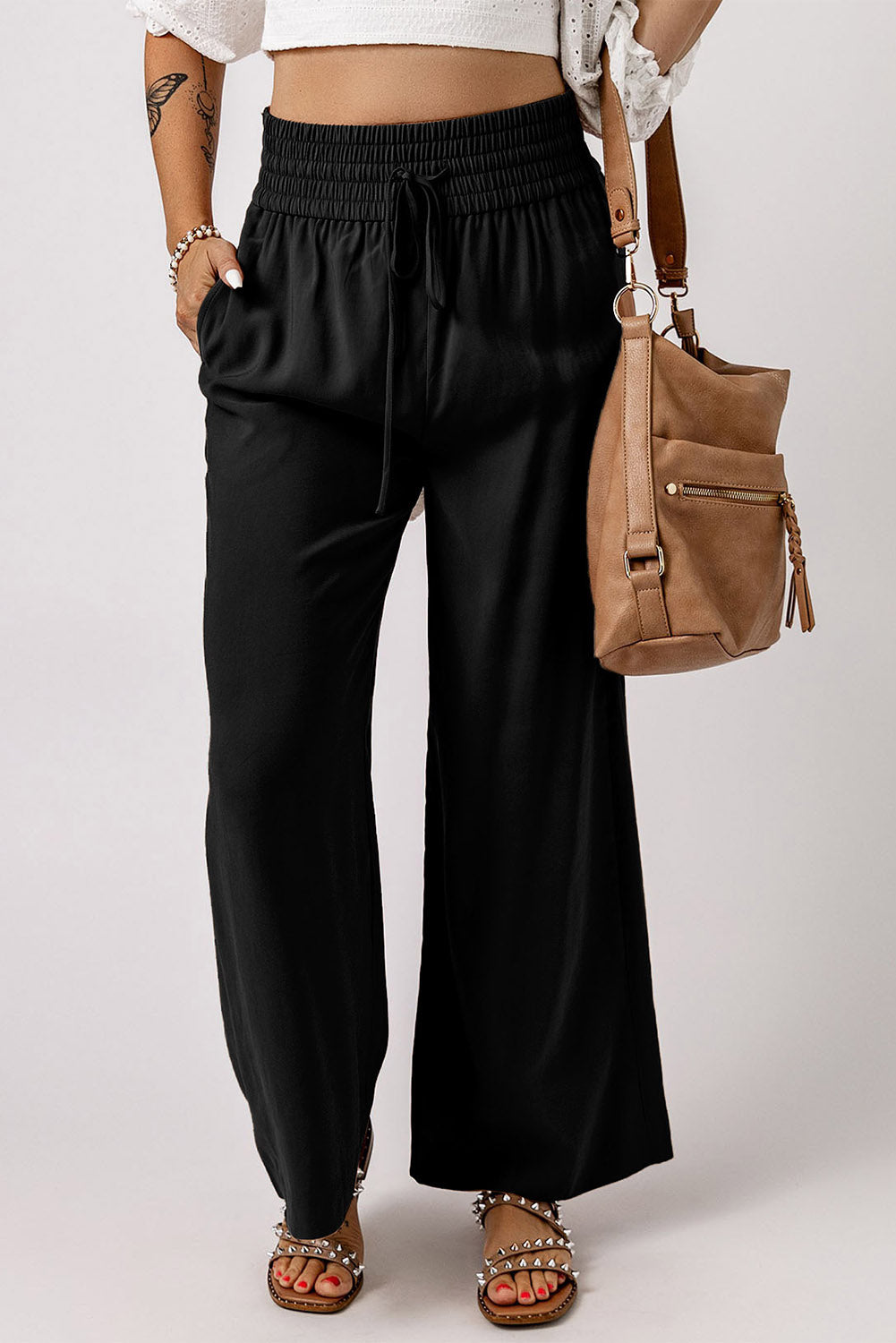 Drawstring smocked waist wide leg pants, solid chic and classy style.