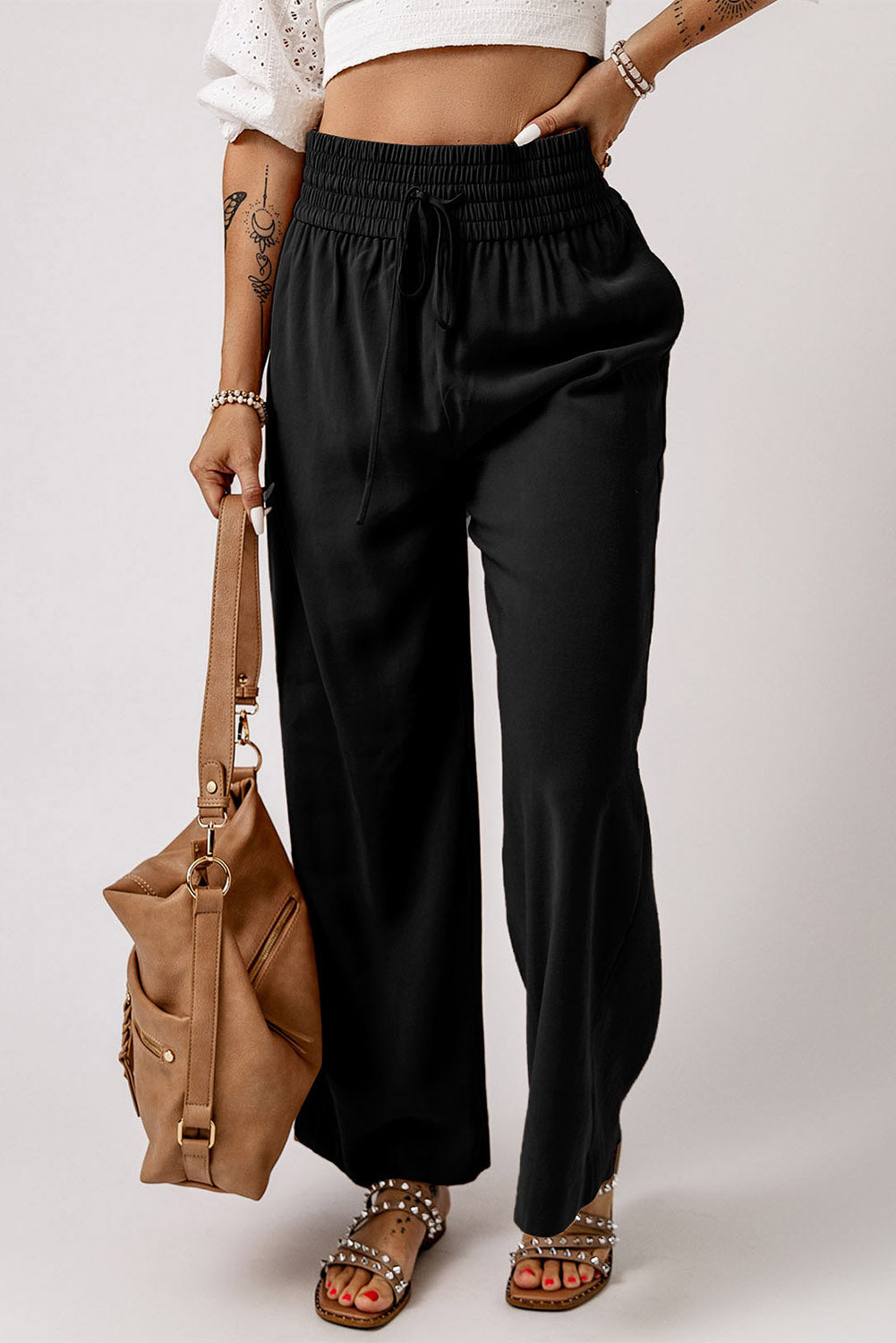 Drawstring smocked waist wide leg pants, solid chic and classy style.