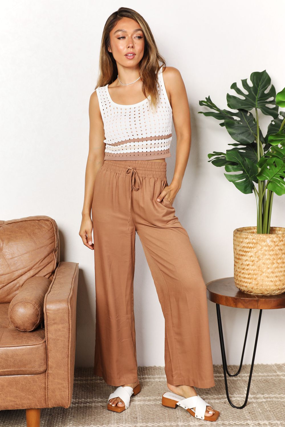 Drawstring smocked waist wide leg pants, solid chic style.