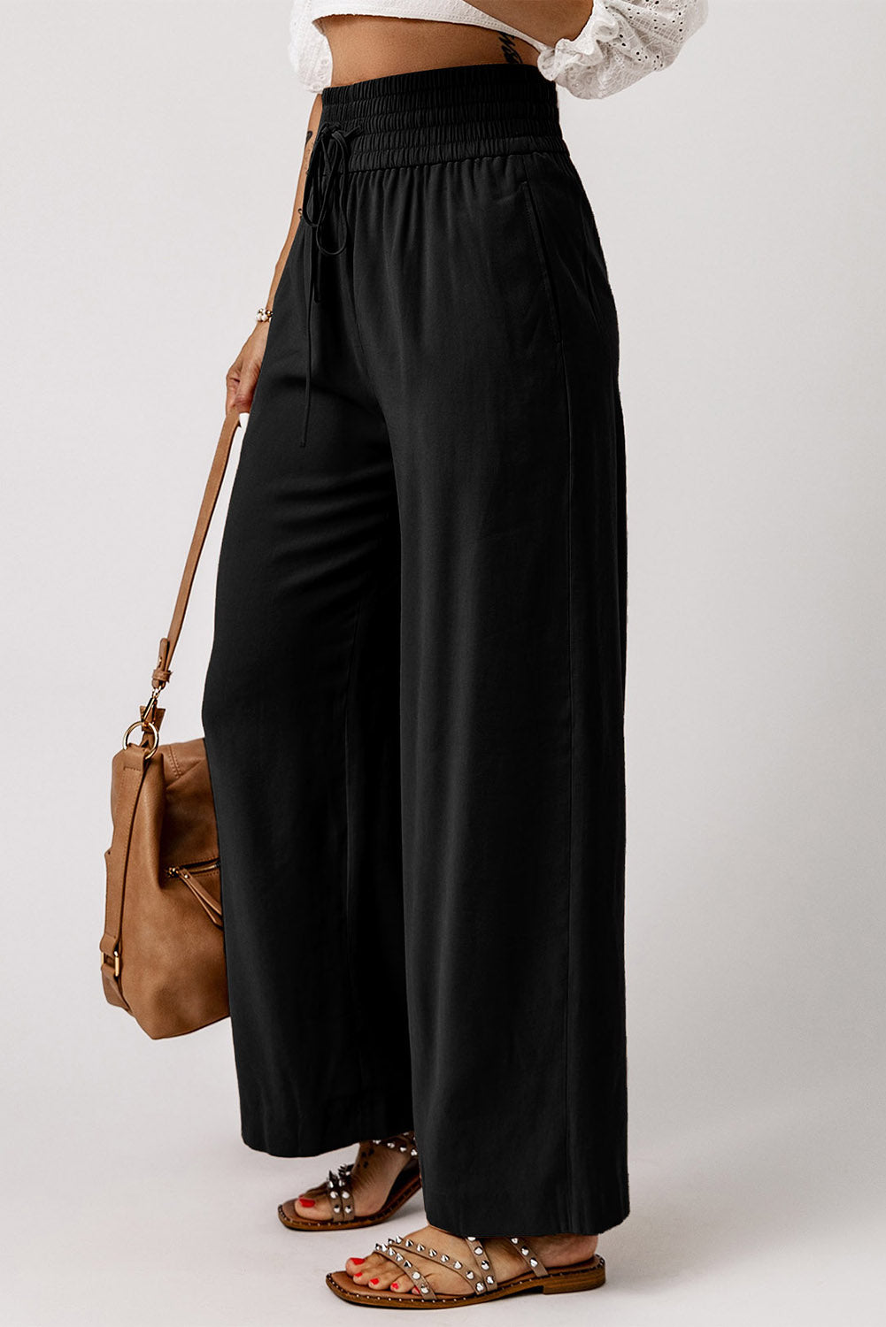 Drawstring smocked waist wide leg pants, solid chic and classy style.
