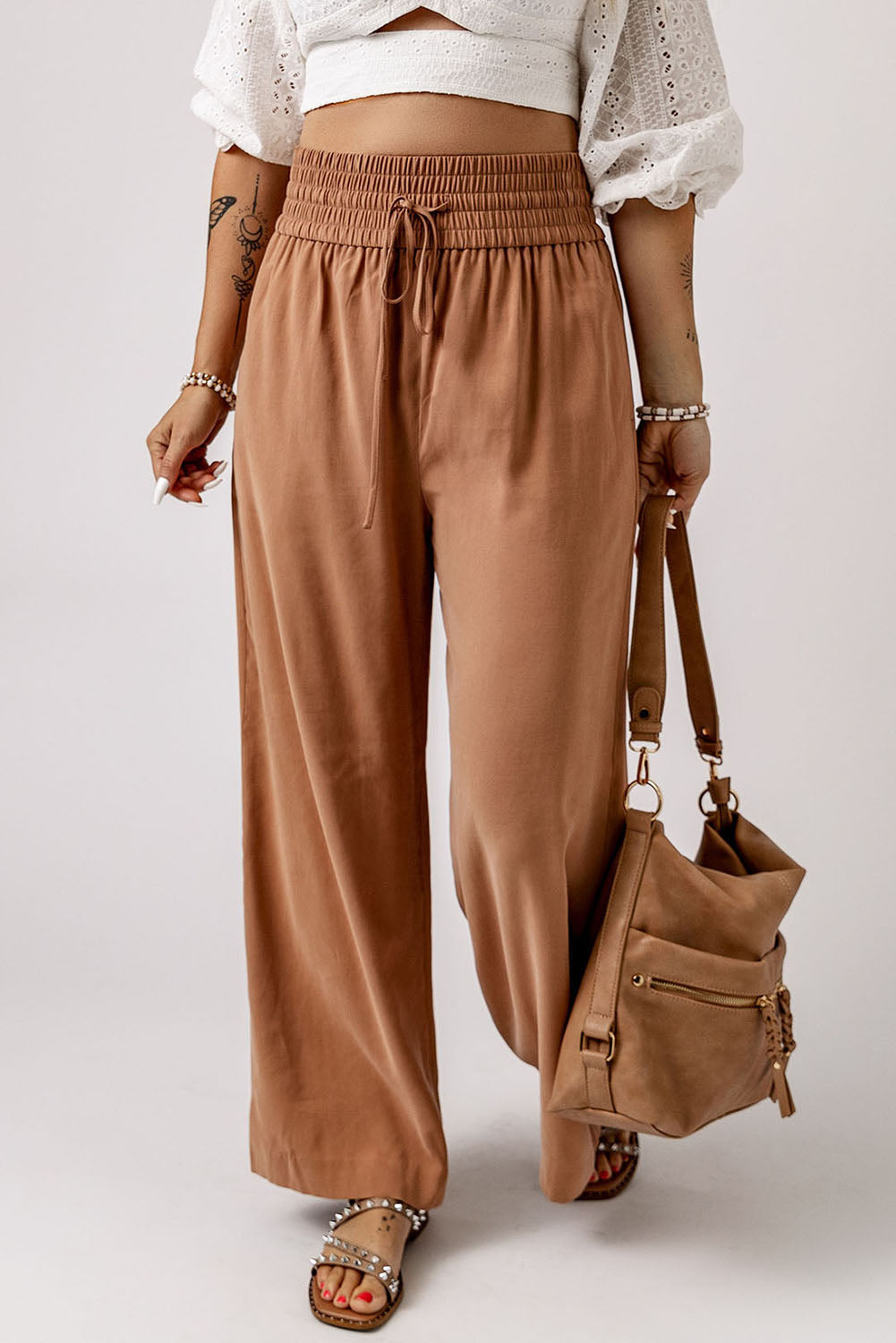 Drawstring smocked waist wide leg pants, solid chic and classy style.