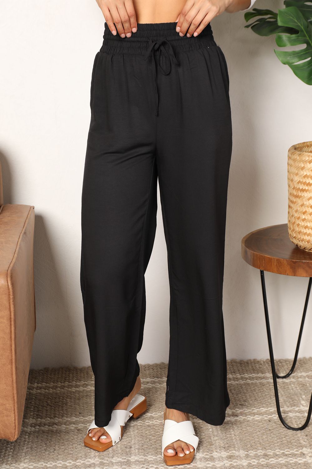 Drawstring smocked waist wide leg pants, solid chic style.