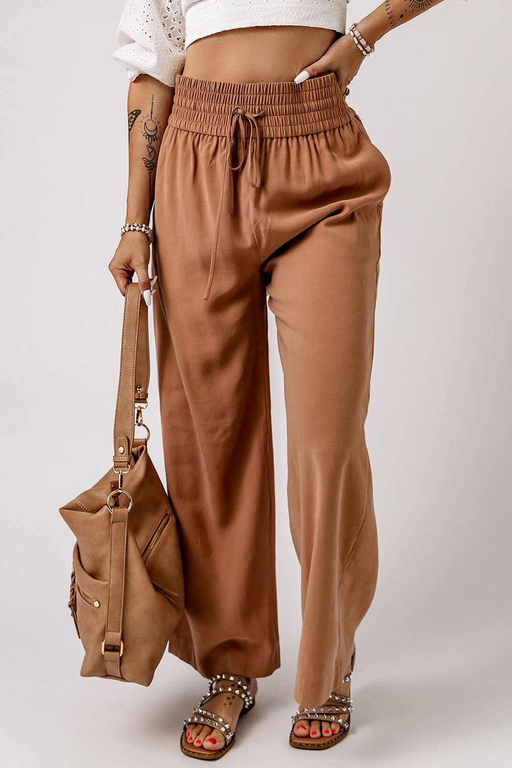 Drawstring smocked waist wide leg pants, solid chic and classy style.