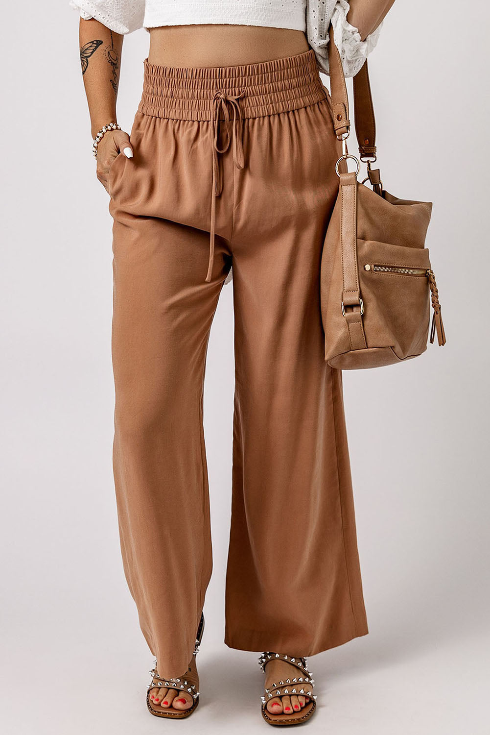 Drawstring smocked waist wide leg pants, solid chic and classy style.