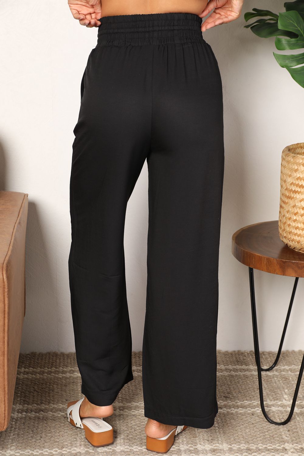 Drawstring smocked waist wide leg pants, solid chic style.