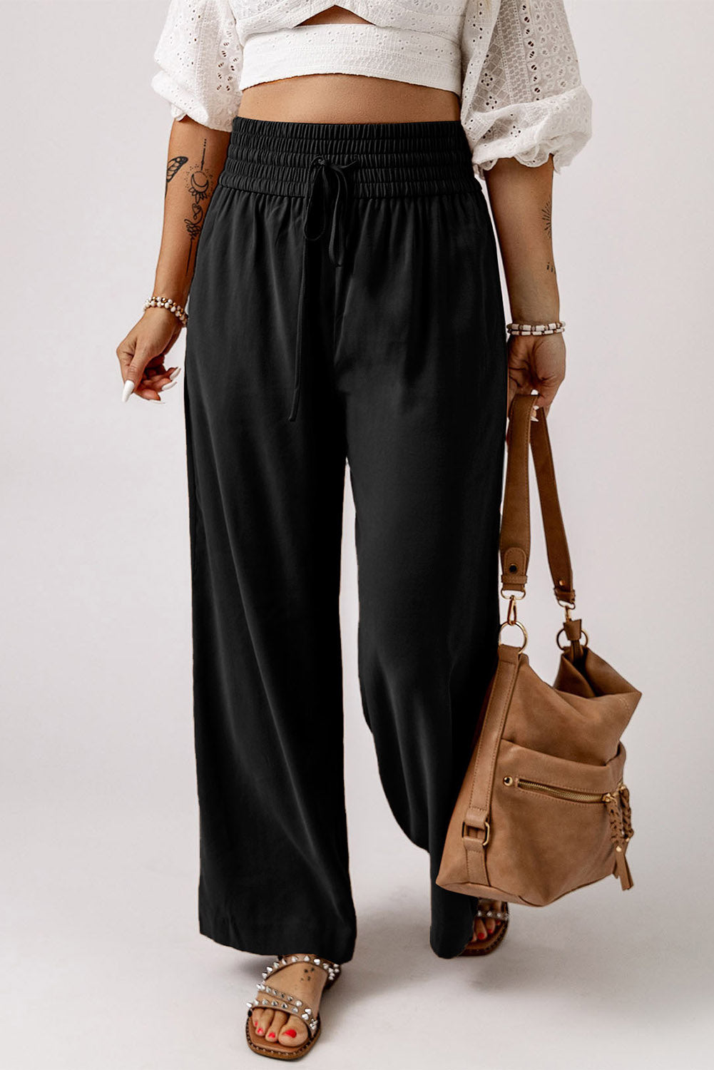 Drawstring smocked waist wide leg pants, solid chic and classy style.