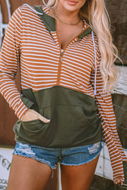 Drawstring stripe half zip long sleeve hoodie with pockets.