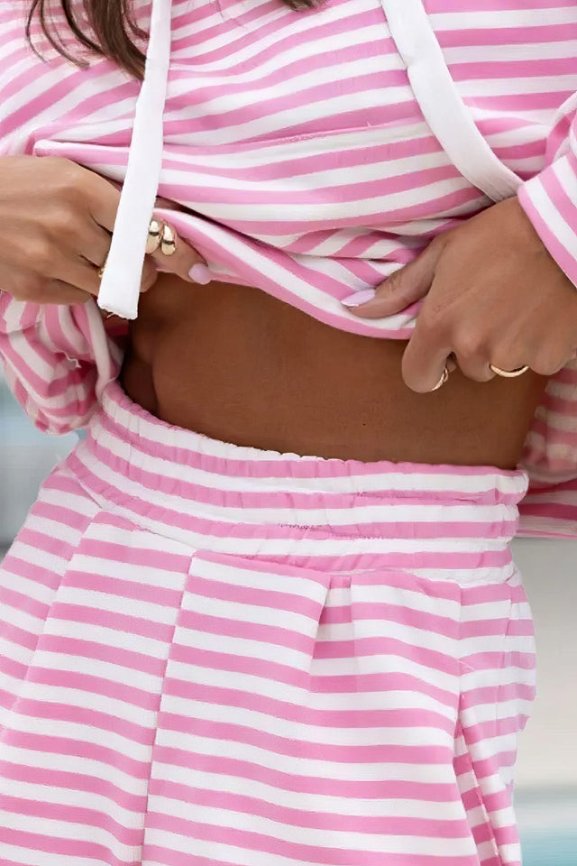 Women's drawstring striped hooded top and shorts set