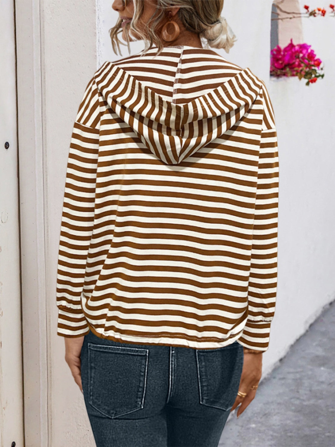 Drawstring striped long sleeve hoodie with buttons.