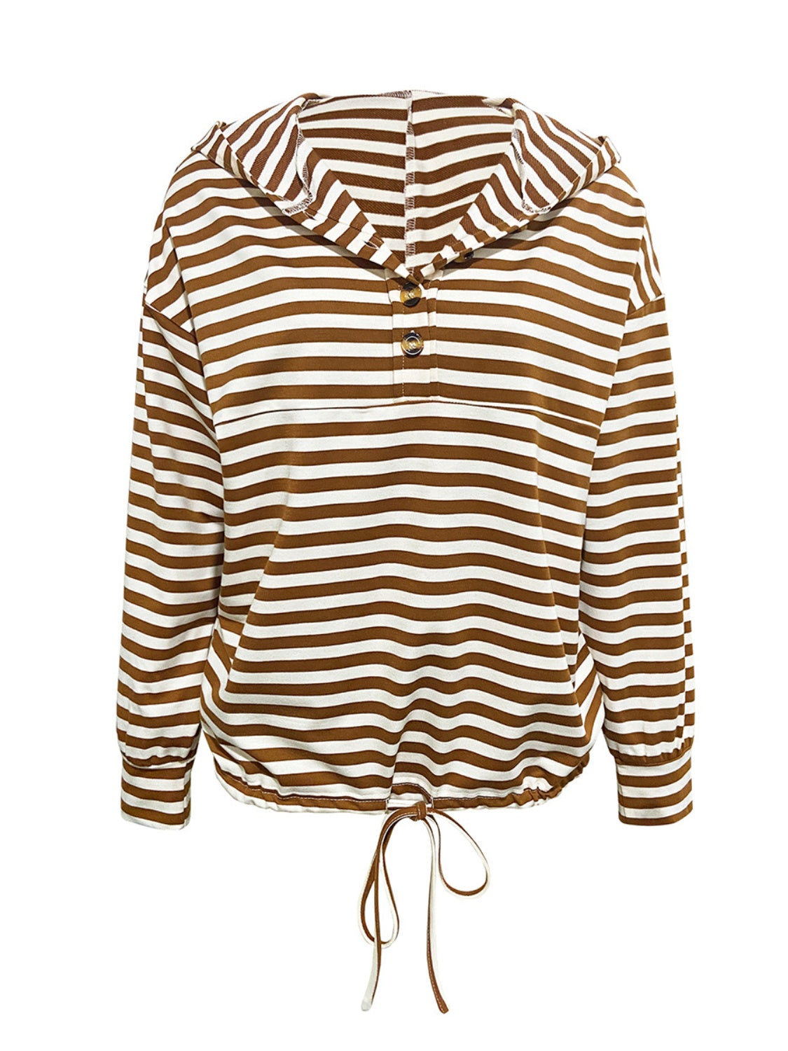 Drawstring striped long sleeve hoodie with buttons.