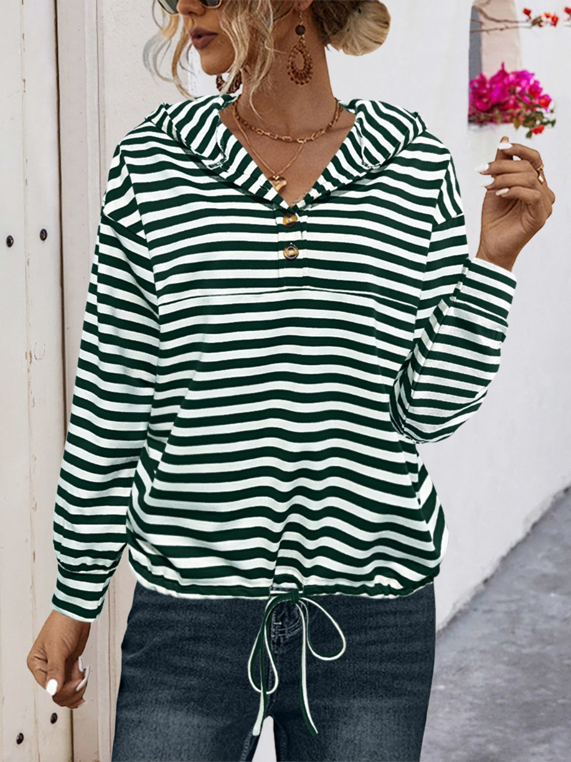 Drawstring striped long sleeve hoodie with buttons.