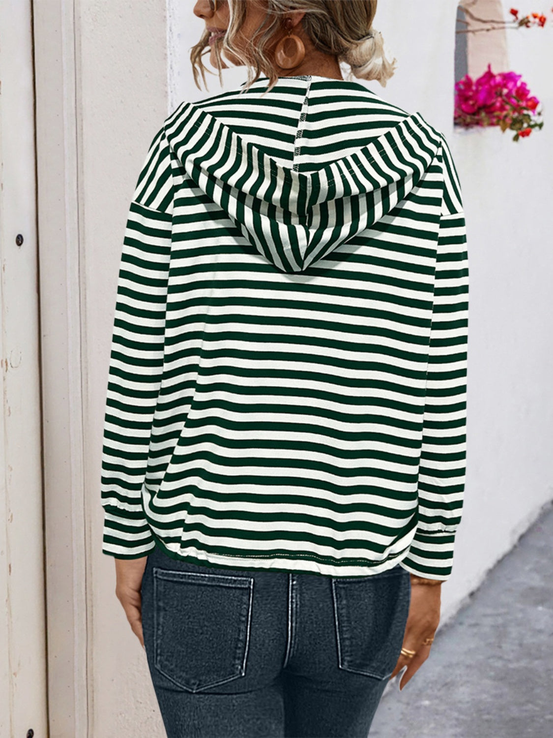 Drawstring striped long sleeve hoodie with buttons.