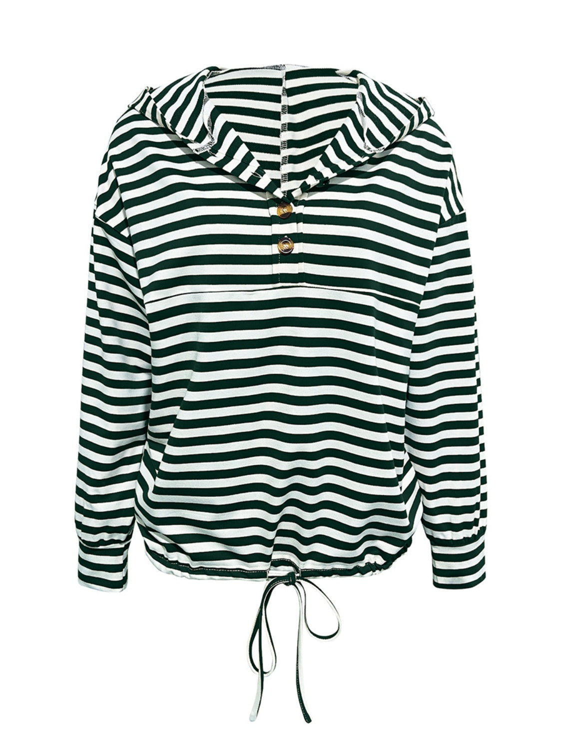 Drawstring striped long sleeve hoodie with buttons.