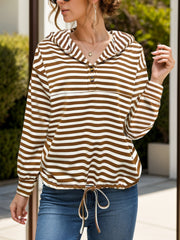 Drawstring striped long sleeve hoodie with buttons.