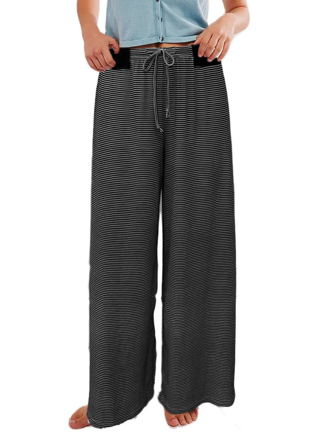 Drawstring striped wide leg pants.