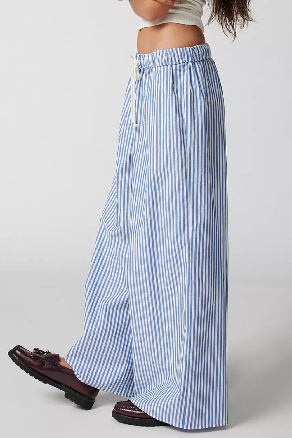 Drawstring striped wide leg pants, opaque.