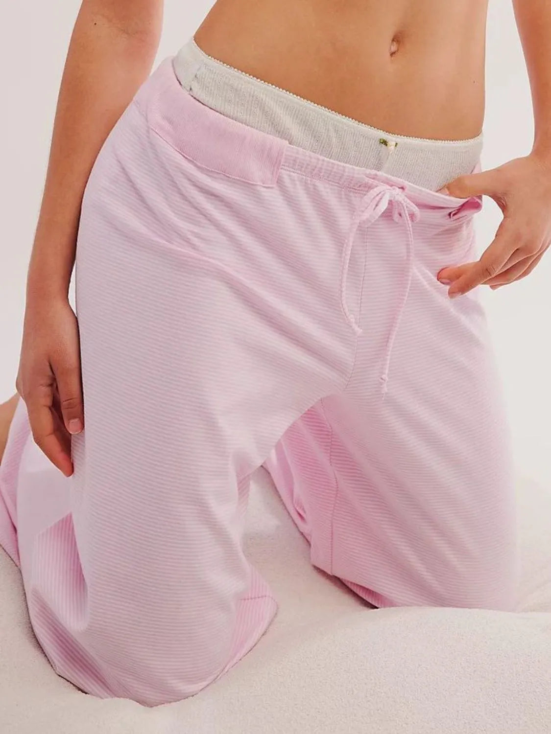 Drawstring striped wide leg pants.