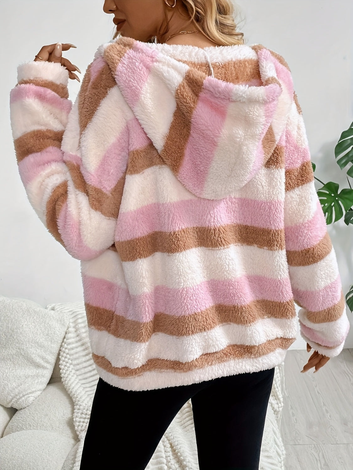 Drawstring striped zip up hooded jacket.