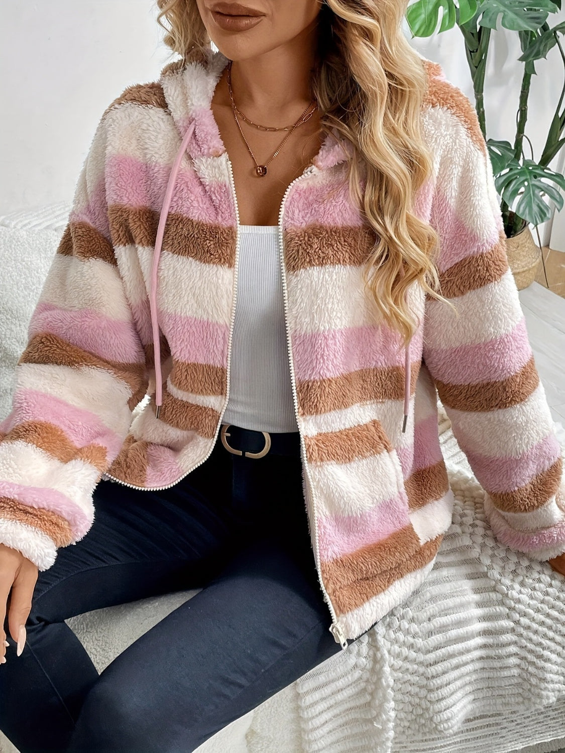 Drawstring striped zip up hooded jacket.