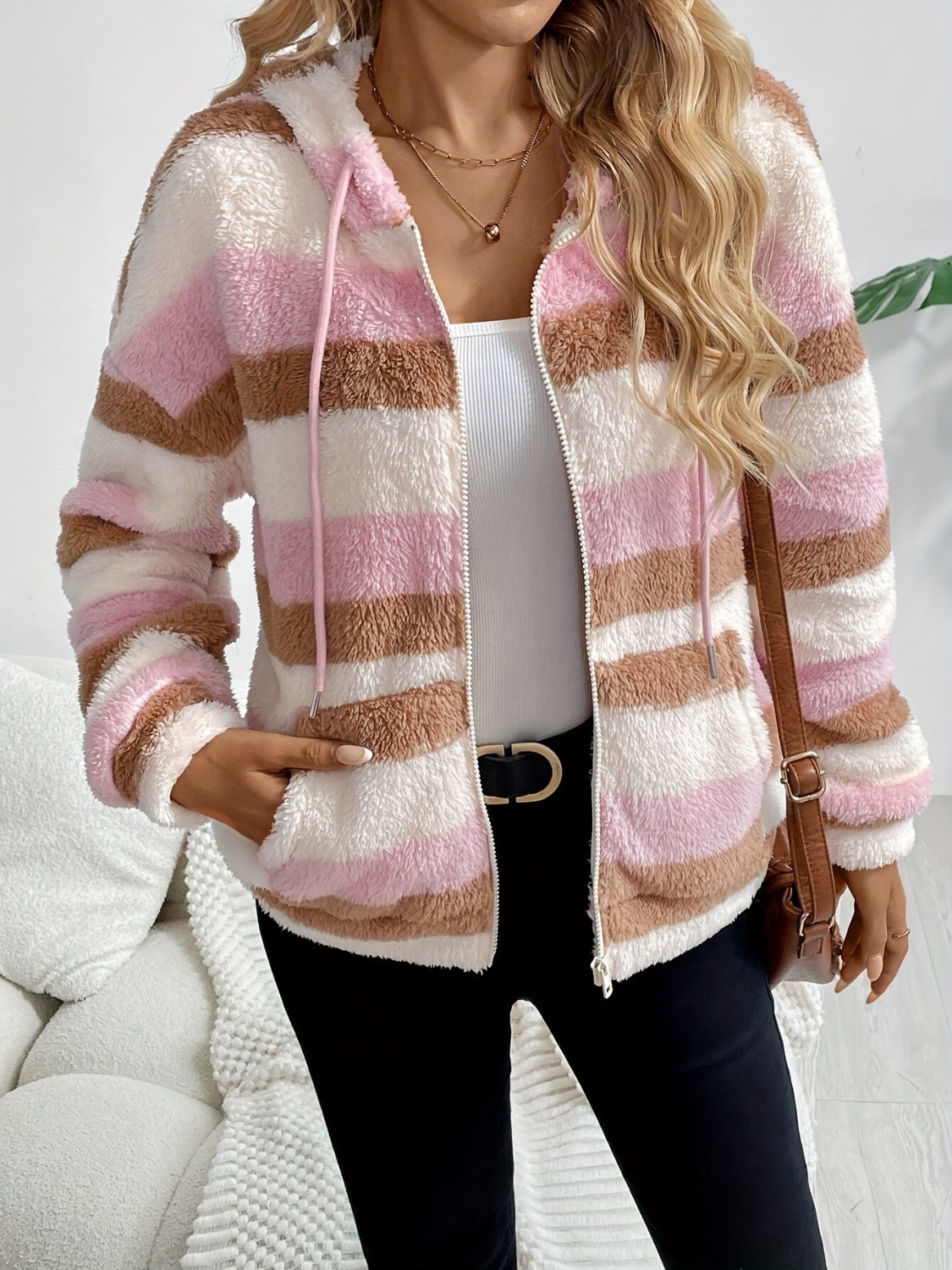 Drawstring striped zip up hooded jacket.