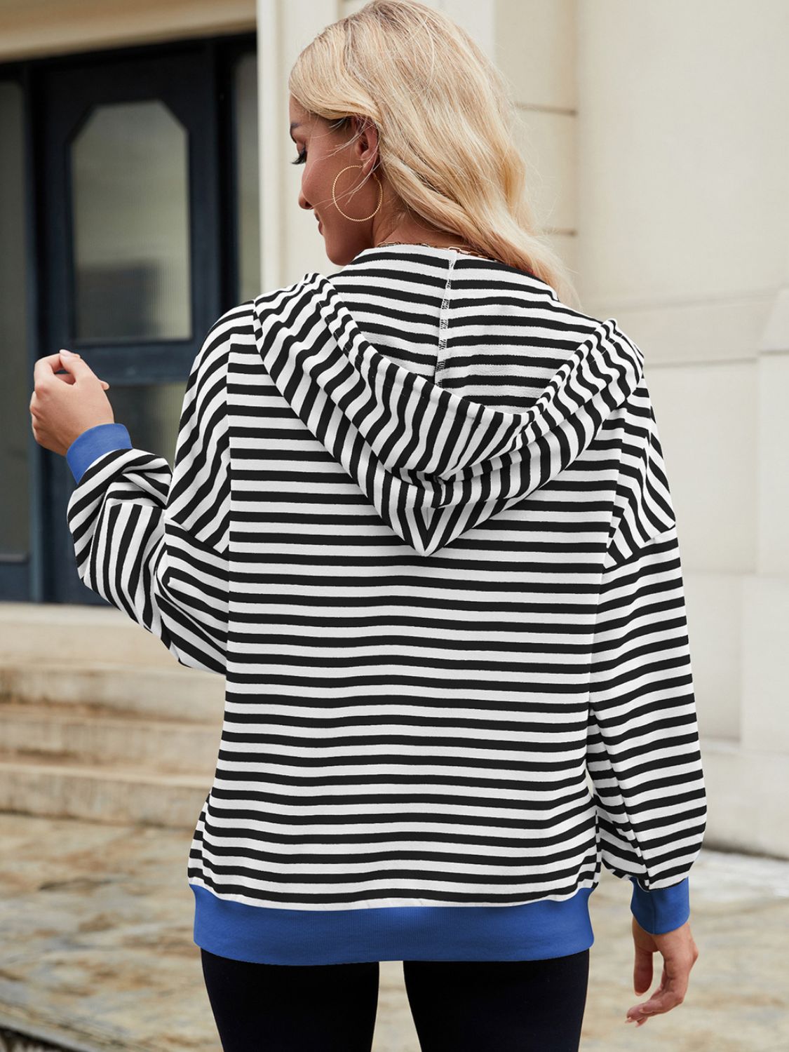 Drawstring striped zip up long sleeve hoodie with pockets.