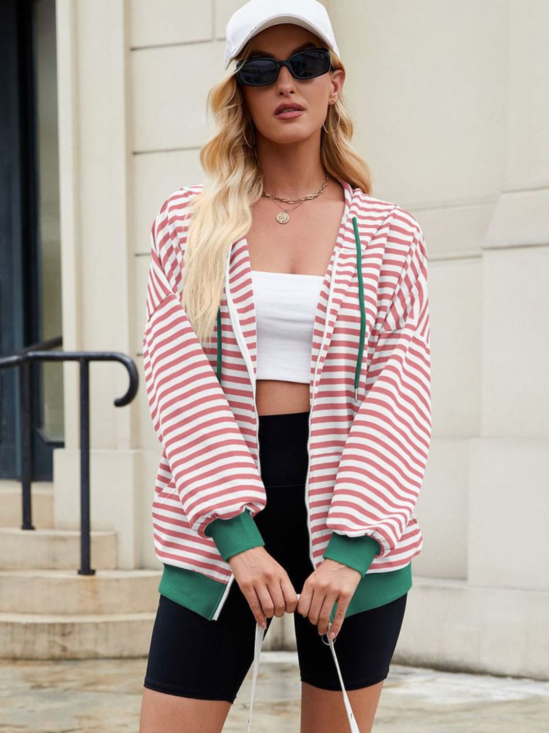 Drawstring striped zip up long sleeve hoodie with pockets.