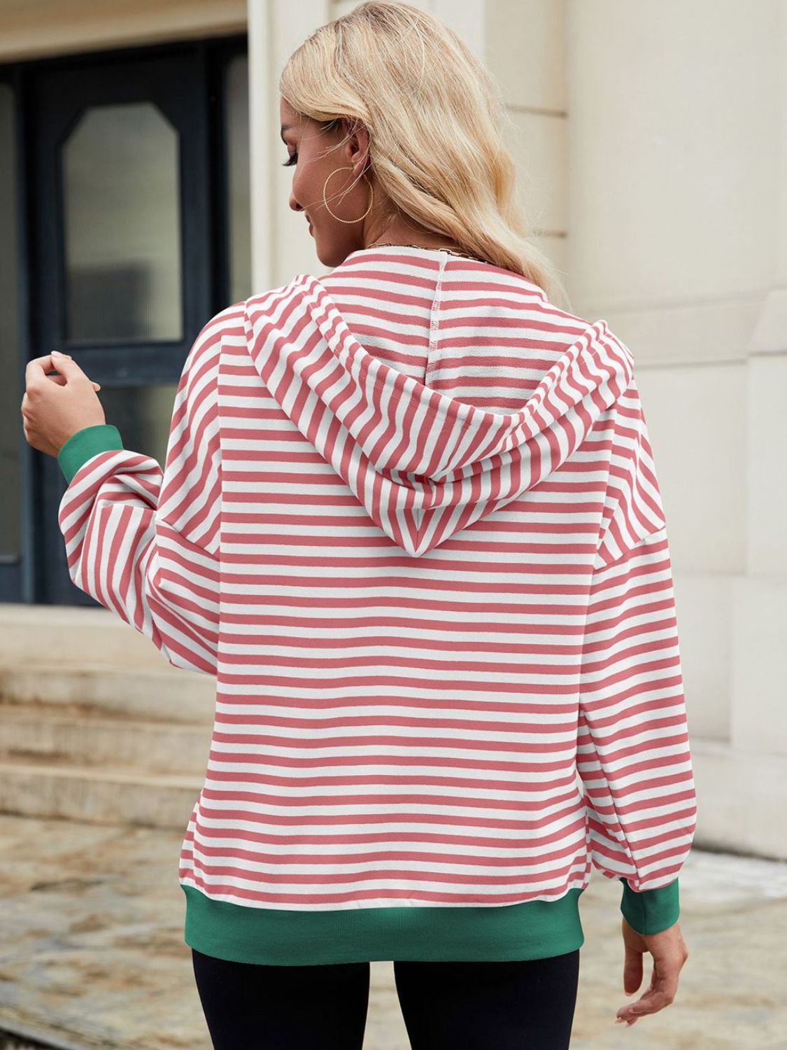 Drawstring striped zip up long sleeve hoodie with pockets.