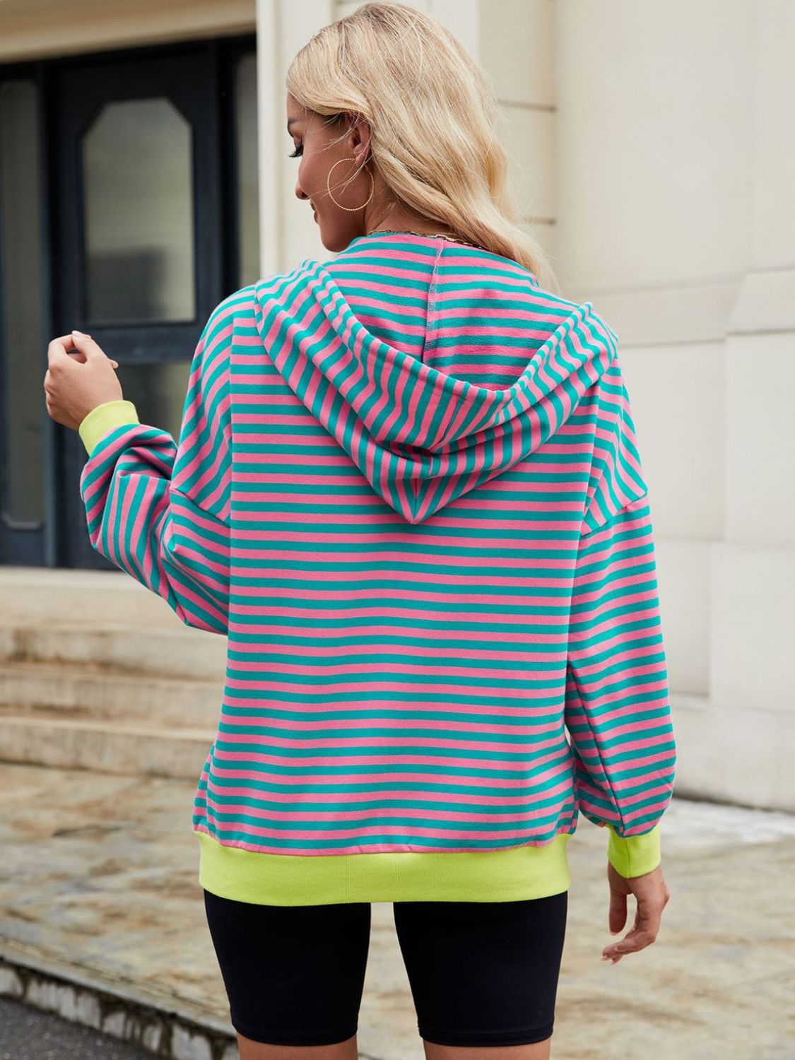 Drawstring striped zip up long sleeve hoodie with pockets.