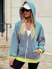 Drawstring striped zip up long sleeve hoodie with pockets.