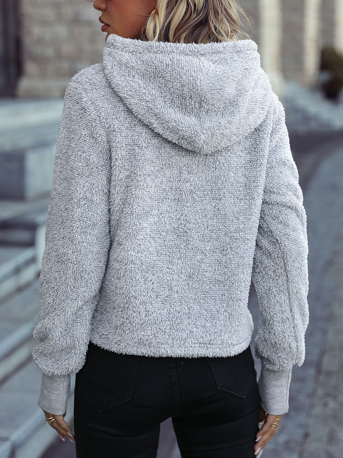 Drawstring teddy hoodie.