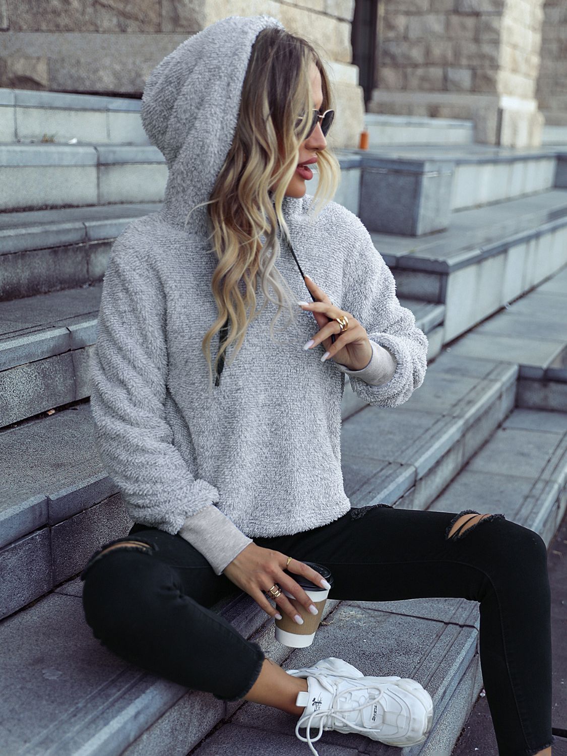 Drawstring teddy hoodie.