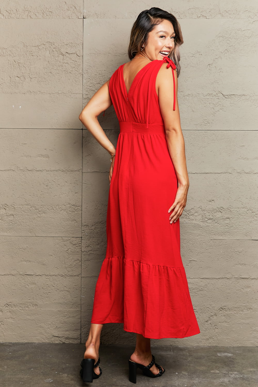 Perfee Drawstring V-Neck Sleeveless Maxi Dress.