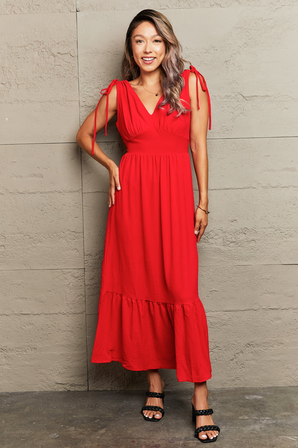 Perfee Drawstring V-Neck Sleeveless Maxi Dress.