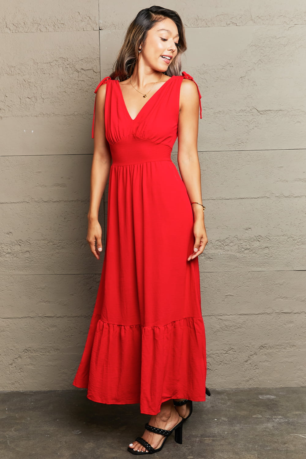 Perfee Drawstring V-Neck Sleeveless Maxi Dress.