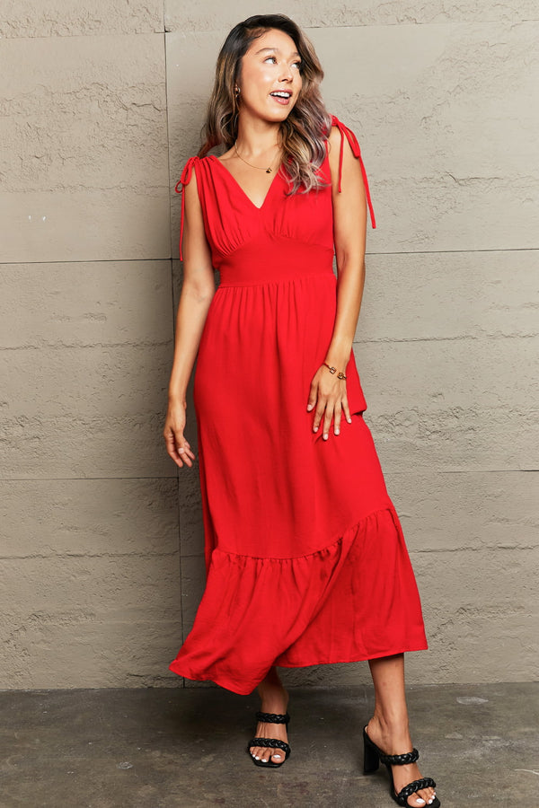 Perfee Drawstring V-Neck Sleeveless Maxi Dress.