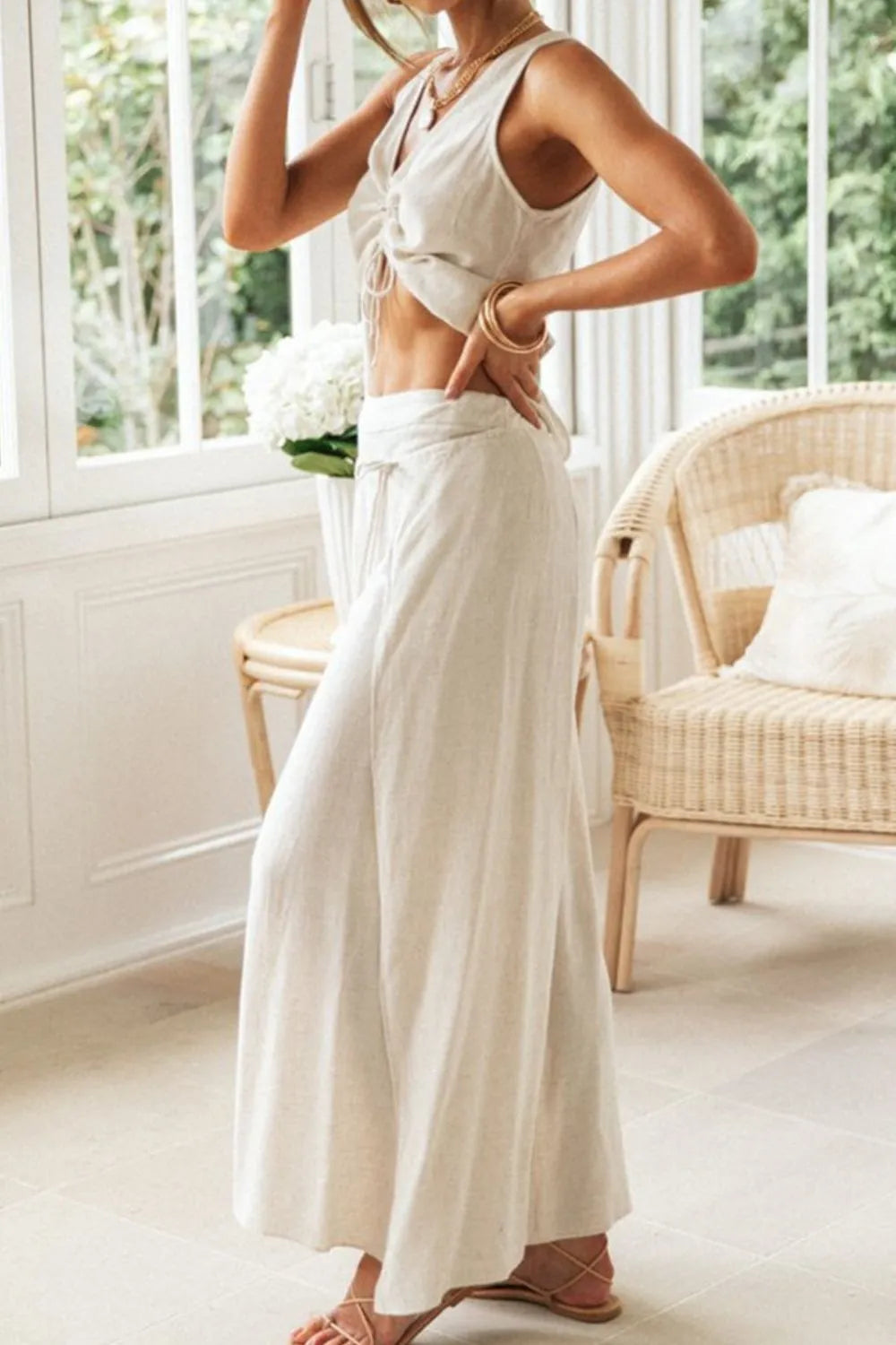 Drawstring V-Neck Tank and Pants Set.