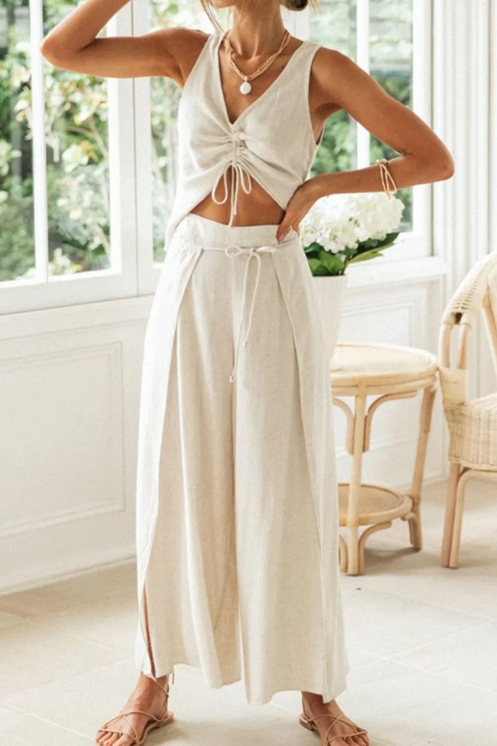 Drawstring V-Neck Tank and Pants Set.