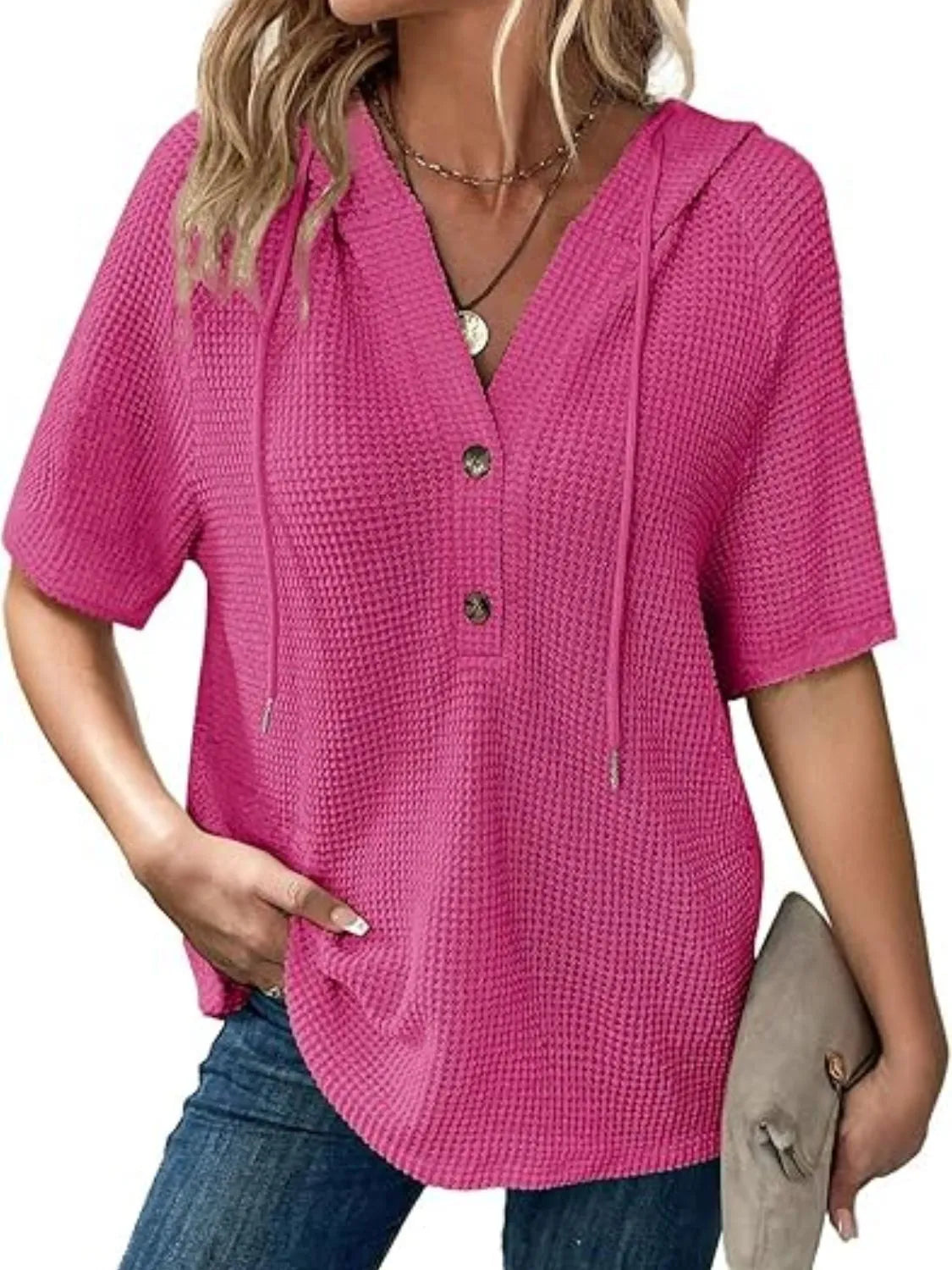 Drawstring waffle-knit short sleeve hooded top with buttons.
