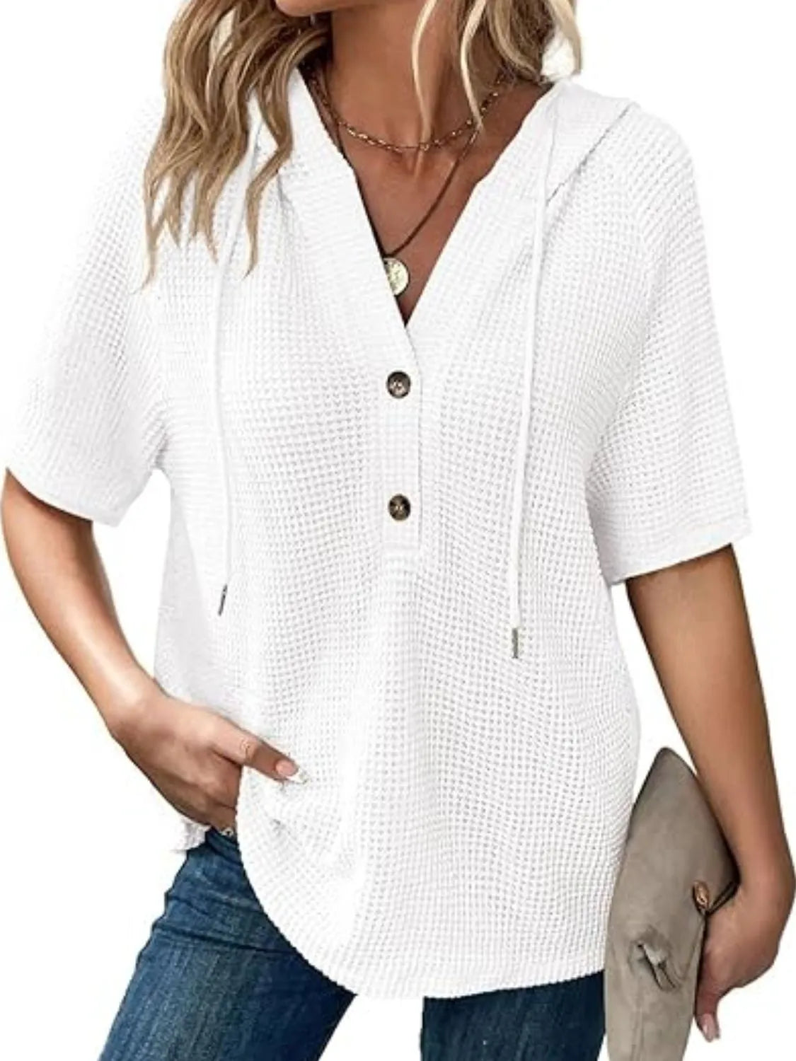 Drawstring waffle-knit short sleeve hooded top with buttons.